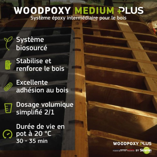 WOODPOXY MEDIUM PLUS - Résine époxy biosourcée pour stratification & collage bois - Kit de 1 kg